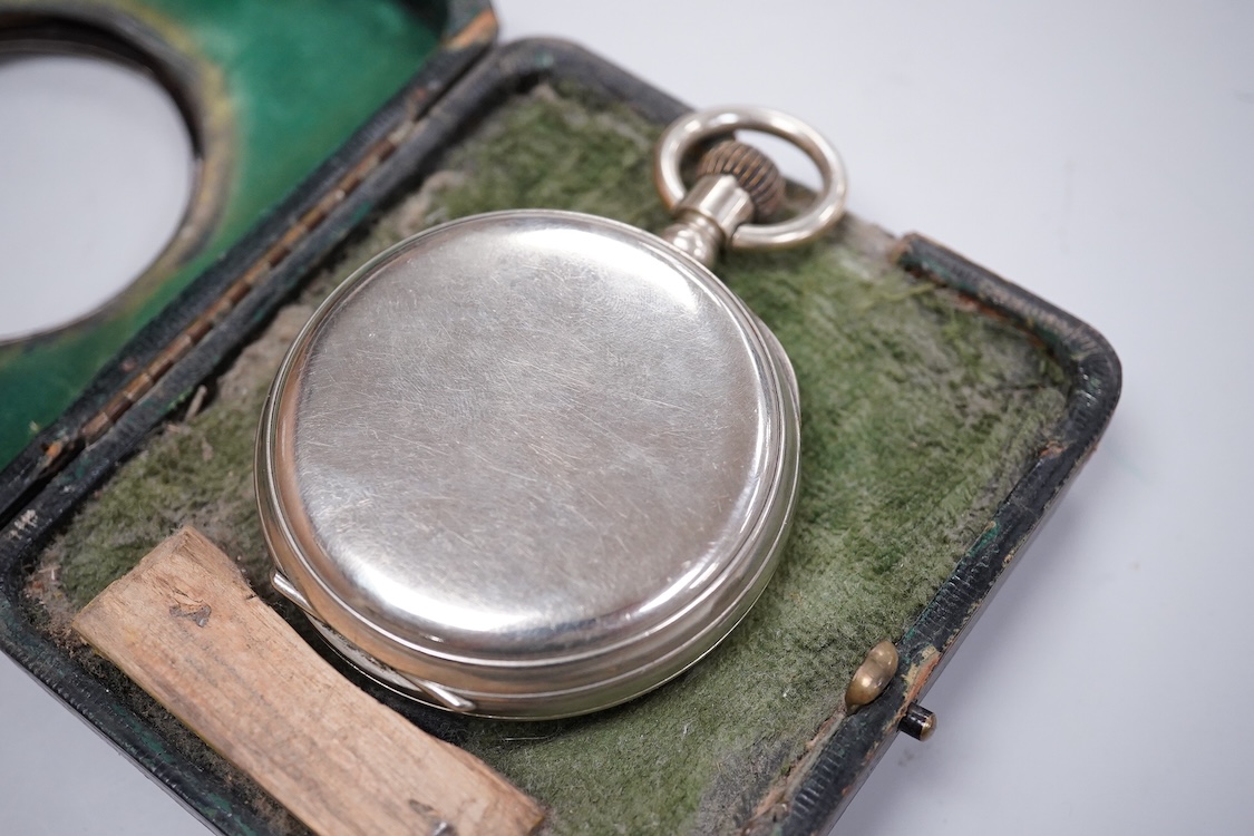 An Edwardian silver and pique inlaid tortoiseshell pocket watch case, Henry Clifford Davis, Birmingham 1909, 11.3cm, containing keyless pocket watch.